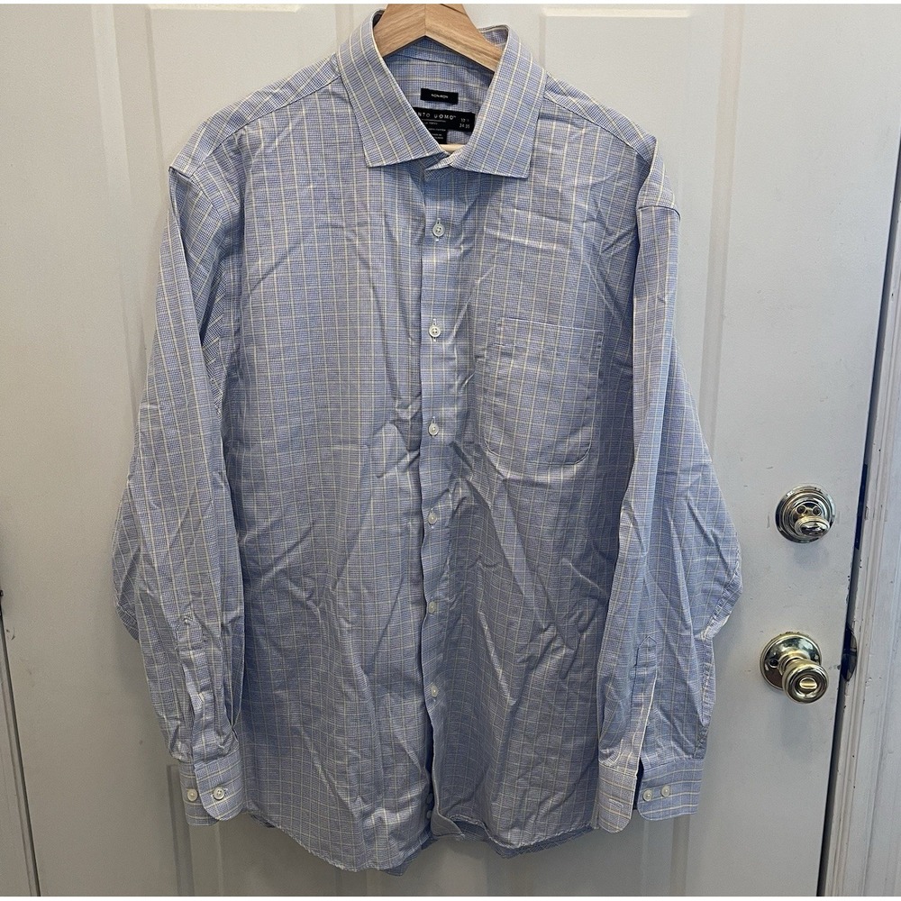 Pronto Uomo Yellow & Blue‎ Grid Plaid Cotton Long Sleeve Shirt 17.5 x 34/35 - Picture 2 of 5